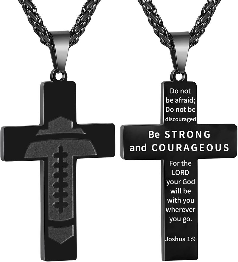 GLITTO Store Football Cross Necklace for Kids Teen Boys - Inspirational Bible Verse Religious Christian Gift - Image 1